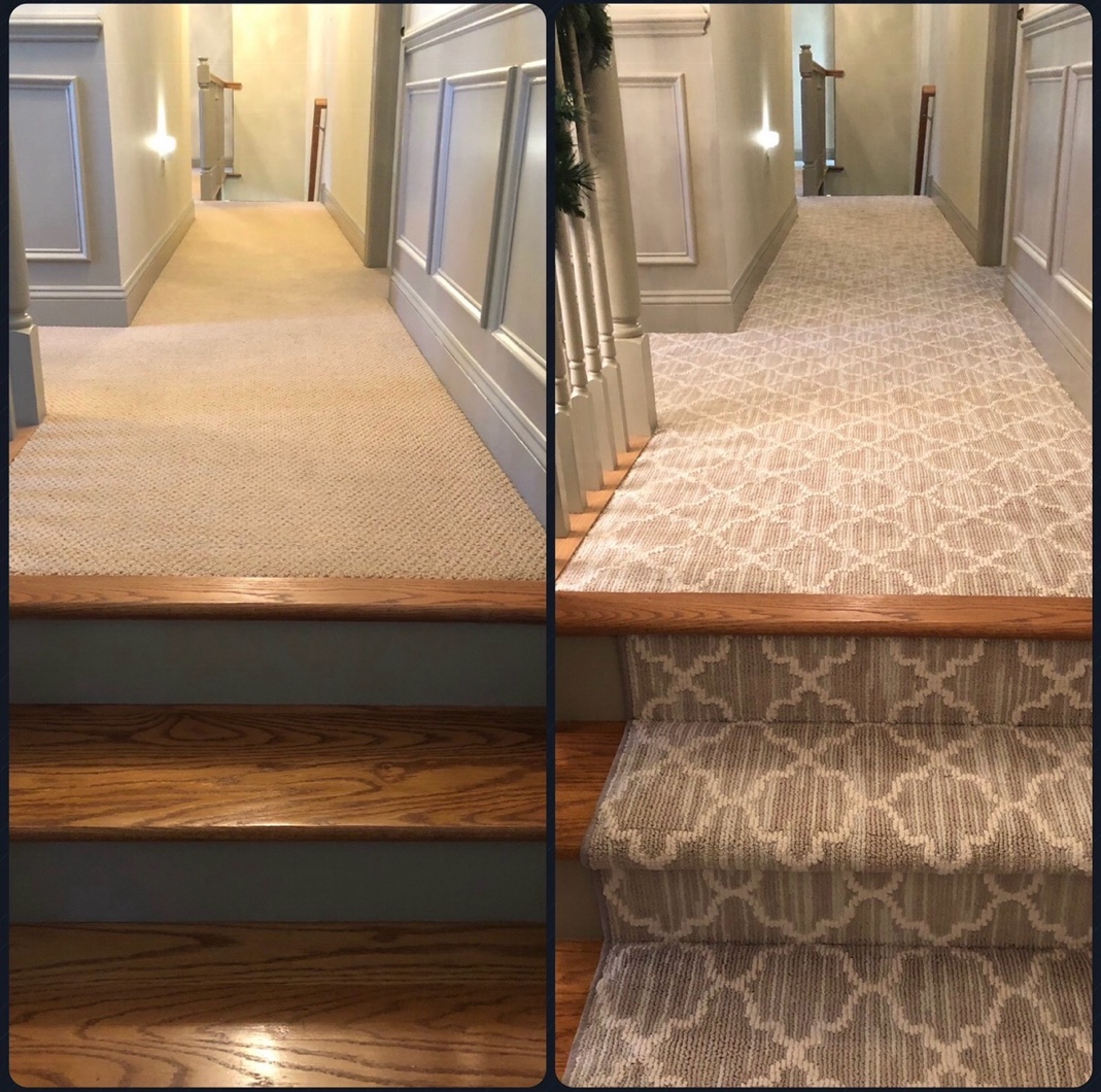 Carpet stair runner before and after by East Coast Floors